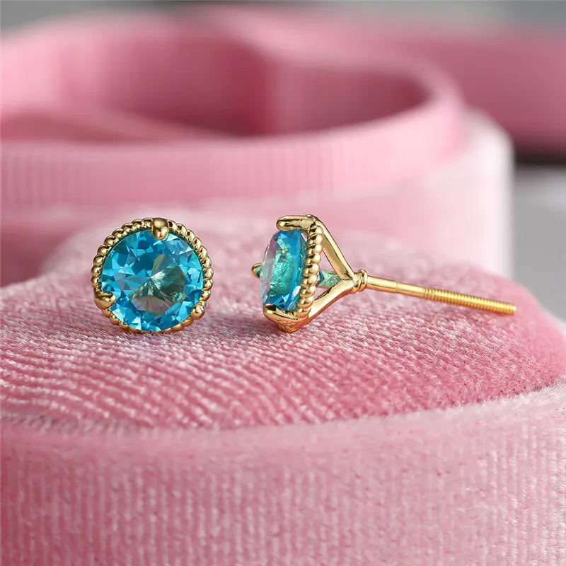 Leuke Vrouwelijke Geel Goud Kleur Veelkleurige Zirkoon Steen Stud Oorbellen Groen Blauw Rood Kristal Bruiloft Sieraden Voor Vrouwen