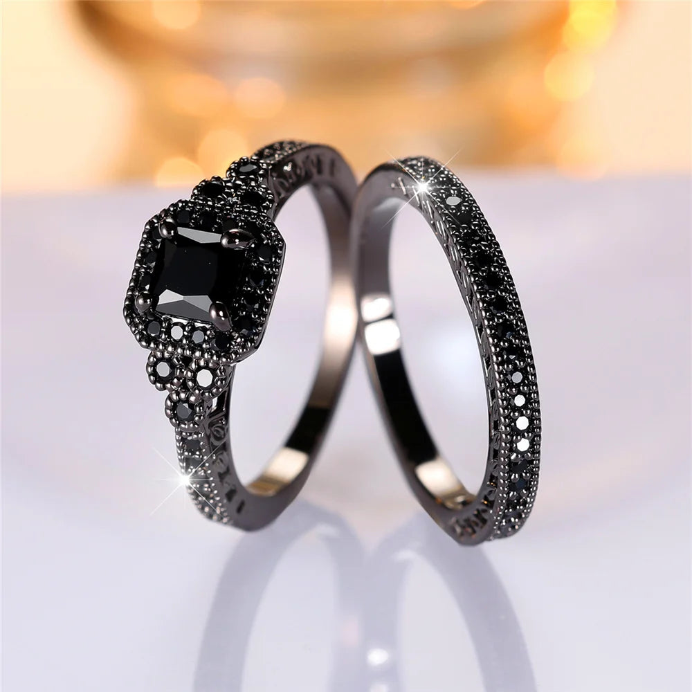 Midnight Promise | Black Square Crystal Ring Set