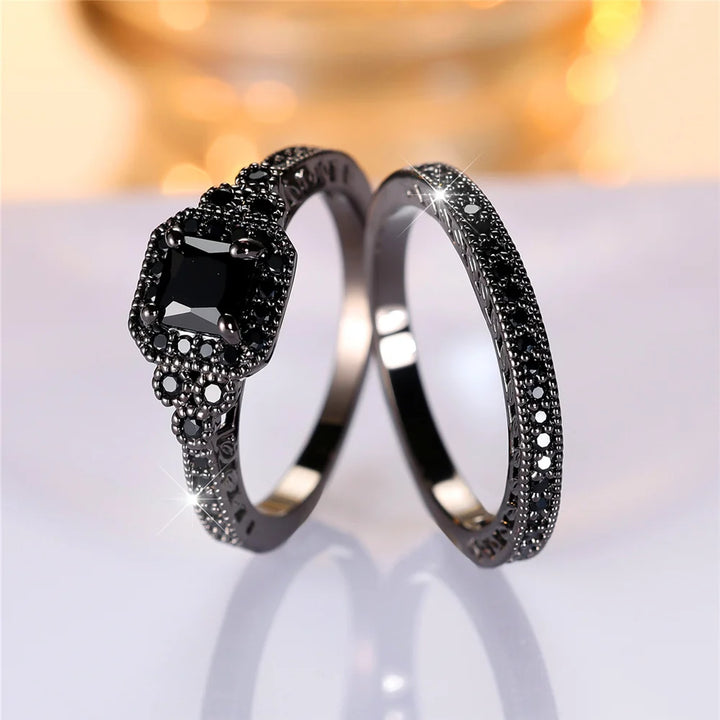 Midnight Promise | Black Square Crystal Ring Set
