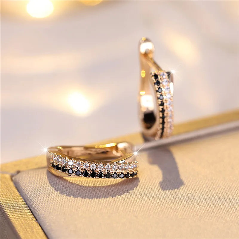 Luxe Vrouwelijke Zwart Wit Zirkoon Steen Clip Oorbellen Charme Goud Kleur Bruiloft Sieraden Voor Vrouwen