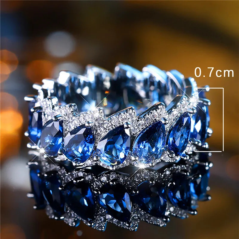 Luxe Vrouwelijke Blauwe Waterdruppel Zirkoon Steen Verlovingsring Trendy Zilveren Kleur Bruid Bruiloft Sieraden Cadeau Voor Vrouwen