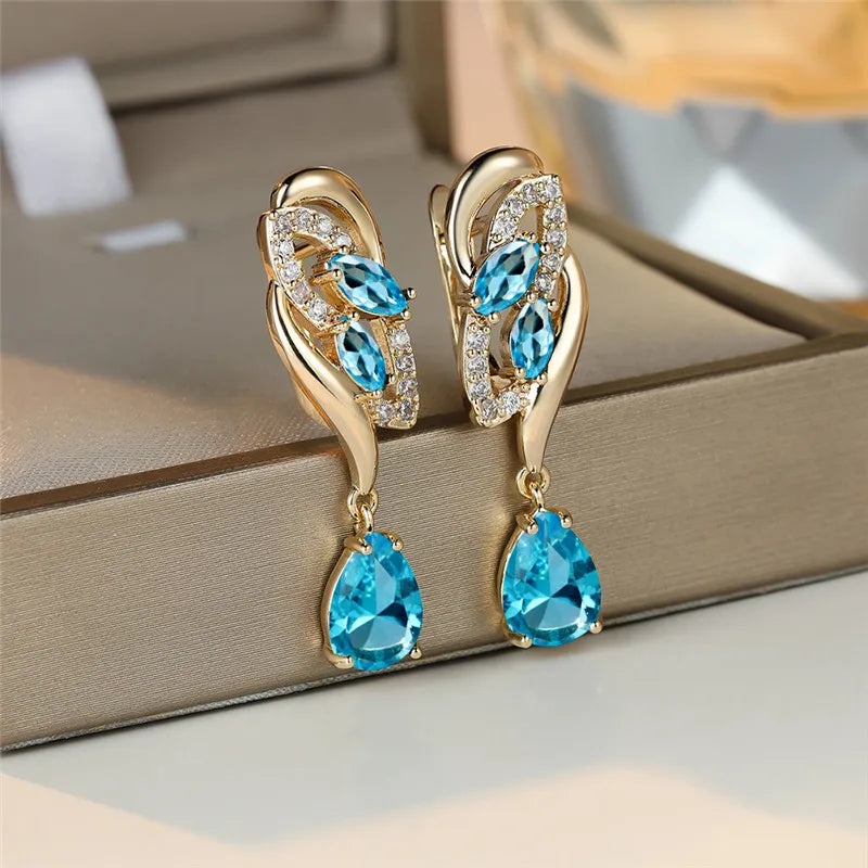 Leuke Vrouwelijke Groen Blauwe Zirkoon Steen Oorbellen Luxe Gouden Kleur Bruiloft Sieraden Voor Vrouwen