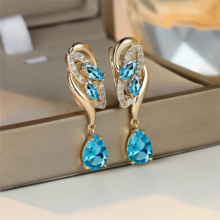Leuke Vrouwelijke Groen Blauwe Zirkoon Steen Oorbellen Luxe Gouden Kleur Bruiloft Sieraden Voor Vrouwen