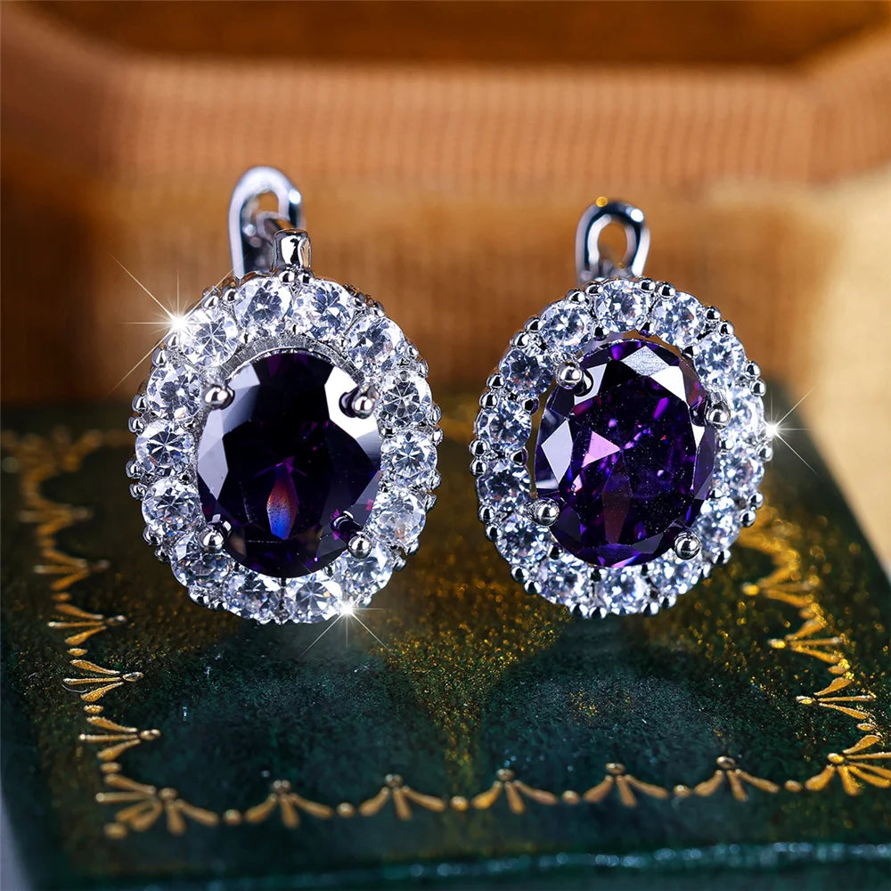 Schattige Kleine Blauwe Groene Paarse Zirkoon Stenen Oorringen Voor Vrouwen Charme Vrouwelijke Zilveren Kleur Bruiloft Sieraden Cadeau