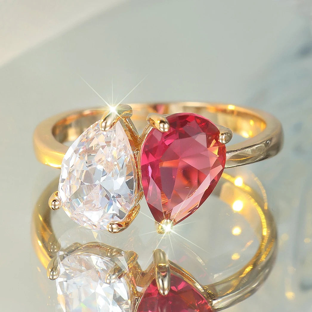 Leuke Vrouwelijke Rose Rood Blauw Zirkoon Ovale Stenen Ring Goud Kleur Engagement Charm Bruiloft Sieraden Voor Vrouwen