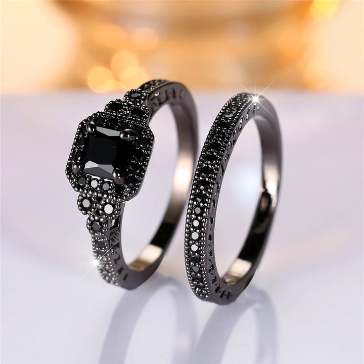 Midnight Promise | Black Square Crystal Ring Set