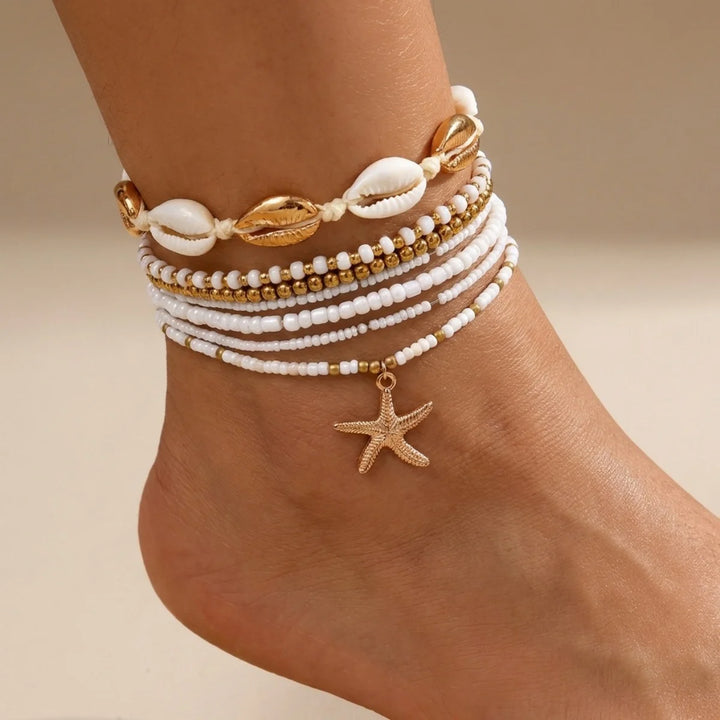 Mariselle | Starfish &amp; Shell Layered Anklet Set