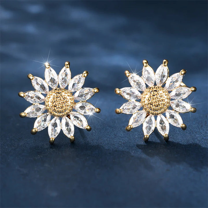 Luxe Vrouwelijke Witte Kristallen Oorknopjes Geel Gouden Kleur Sieraden Voor Vrouwen Charme Ronde Zonnebloem Oorbellen