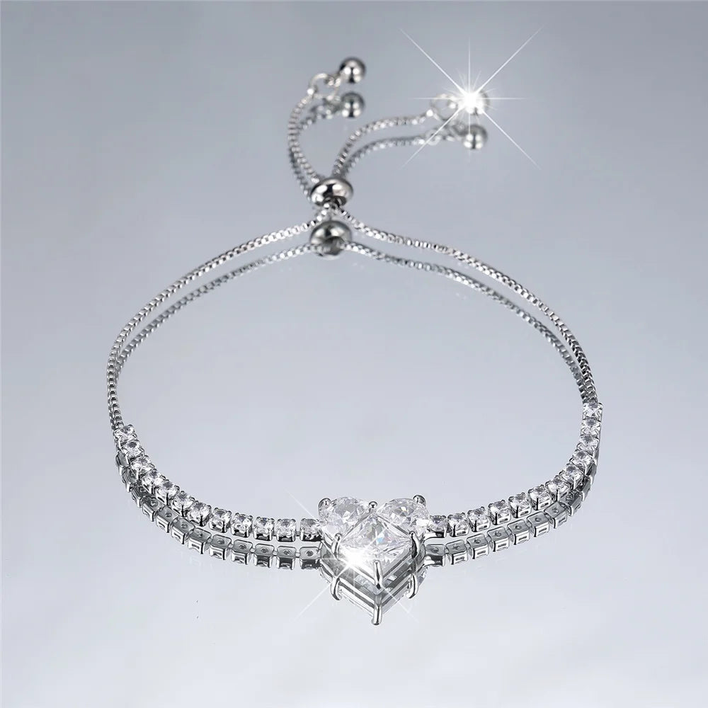 Charme Vrouwelijke Roze Witte Zirkoon Steen Liefde Hart Armband Leuke Zilver Goud Kleur Verstelbare Bruiloft Sieraden Voor Vrouwen
