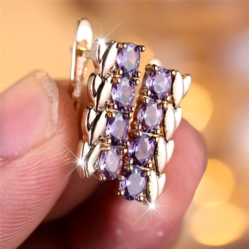 Charme Vrouwelijke Paarse Kristal Zirkoon Steen Tarwe Hoepel Oorbellen Goud Kleur Eenvoudige Bruiloft Sieraden Voor Vrouwen