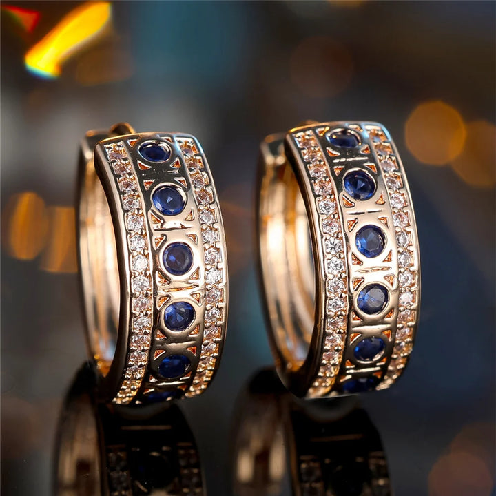 Leuke Vrouwelijke Blauwe Ronde Zirkoon Steen Hoepel Oorbellen Mode Gouden Kleur Bruiloft Sieraden Voor Vrouwen