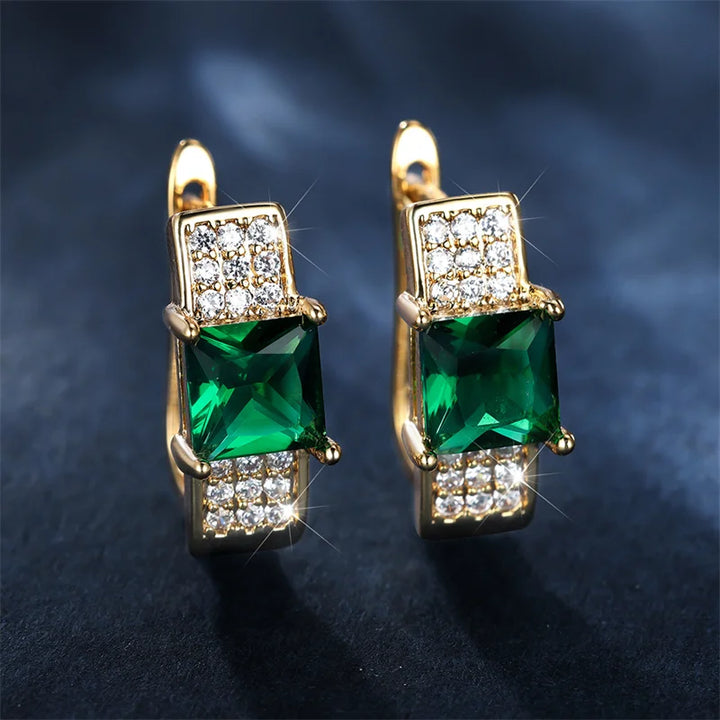 Schattige Vrouwelijke Groene Stenen Clip Oorbel Luxe Witte Kristallen Sieraden Gouden Kleur Bruiloft Oorbellen Voor Vrouwen
