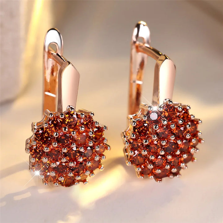 Rode Zirkoon Luxe Kristallen Zonnebloem Hoepel Oorbellen Voor Vrouwen Rose Goud Kleur Bruiloft Bloem Sieraden Verjaardagscadeau