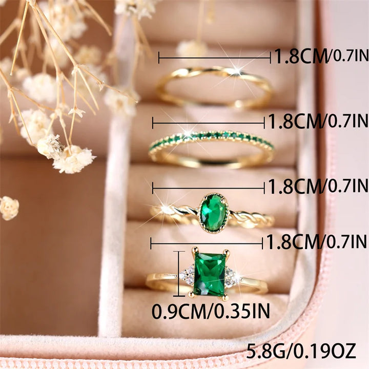 4 stks Vrouwelijke Groene Zirkoon Stenen Ring Set Trendy Geel Goud Kleur Engagement Leuke Bruid Bruiloft Sieraden Cadeau Voor Vrouwen