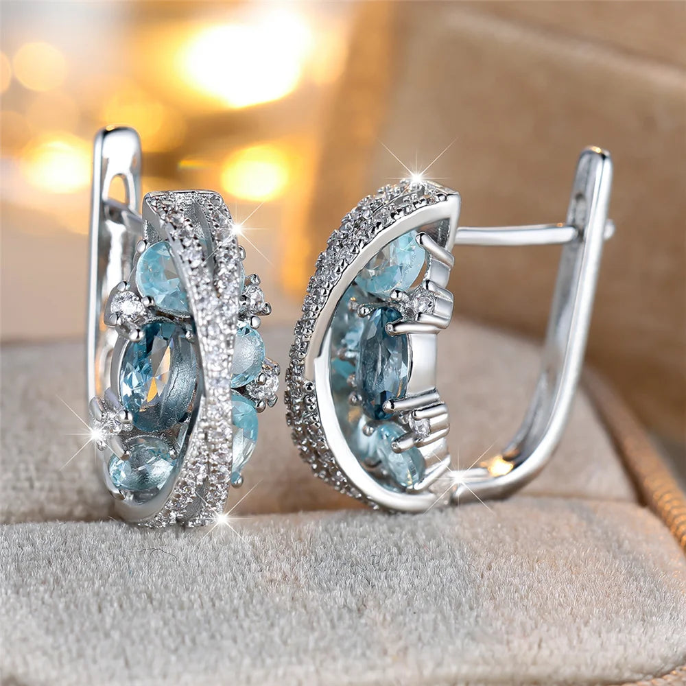 Charme Vrouwelijke Roze Blauw Kristal Zirkoon Steen Hoepel Oorbellen Zilver Kleur Eenvoudige Bruiloft Sieraden Voor Vrouwen
