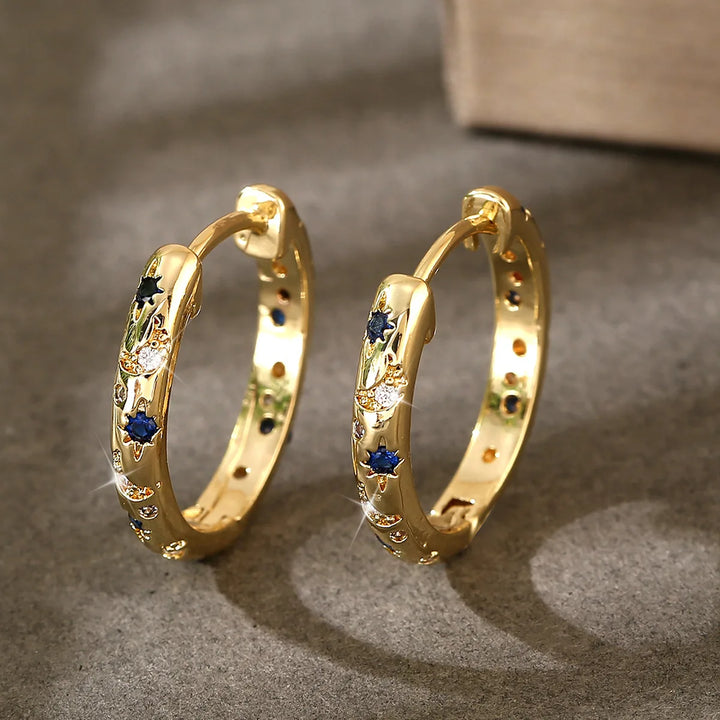 Crystal White Blue Zircon Stone Round Hoop Earrings For Women Fashion Female Yellow Gold Color Wedding Jewelry