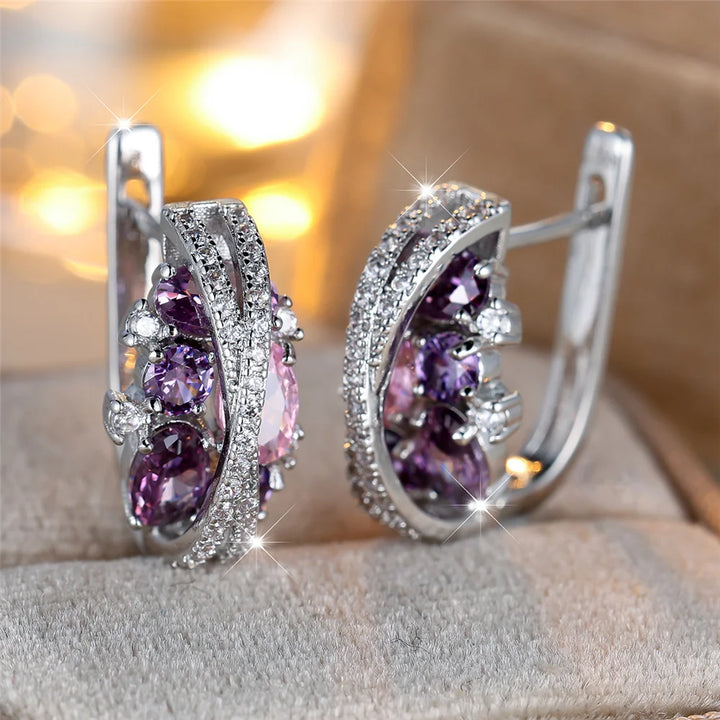 Charme Vrouwelijke Roze Blauw Kristal Zirkoon Steen Hoepel Oorbellen Zilver Kleur Eenvoudige Bruiloft Sieraden Voor Vrouwen