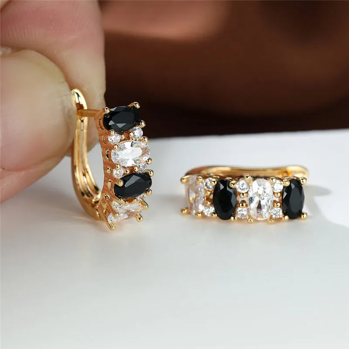 Noirelle Black and White Oval Hoop Earrings close-up detail