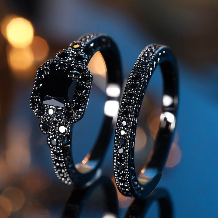 Midnight Promise | Black Square Crystal Ring Set