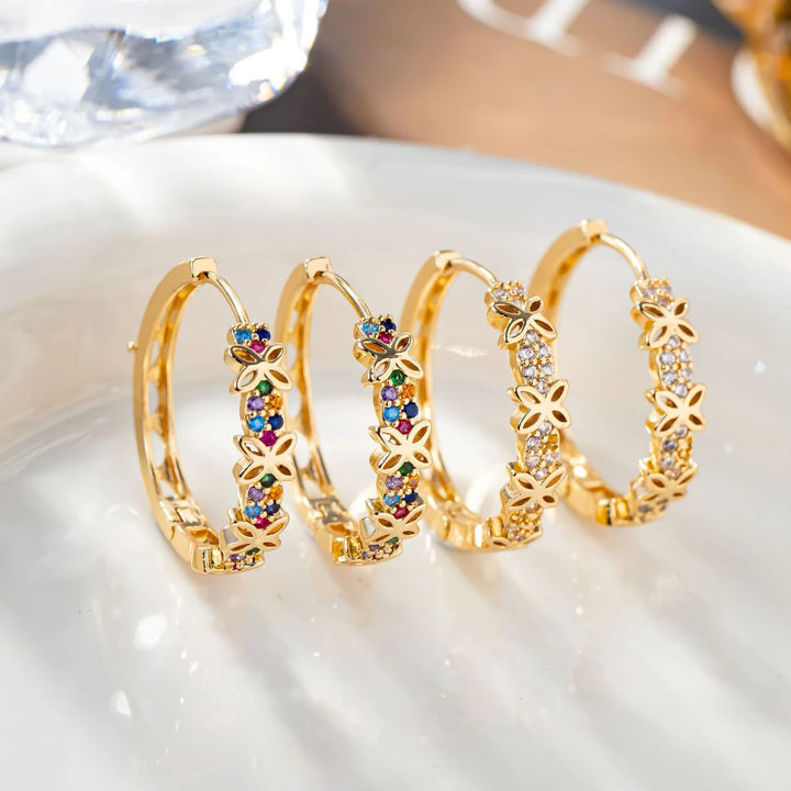 Statement Vrouwelijke Regenboog Bloem Zirkoon Steen Oorringen Luxe Glod Kleur Bruiloft Sieraden Voor Vrouwen