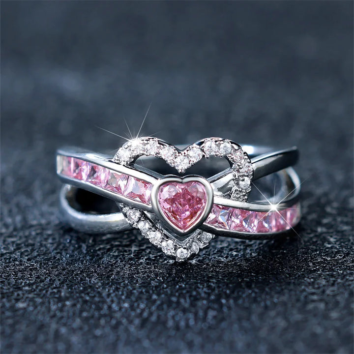 Schattige Vrouwelijke Roze Zirkoon Stenen Ring Trendy Zilveren Kleur Hart Verloving Bruiloft Sieraden Cadeau