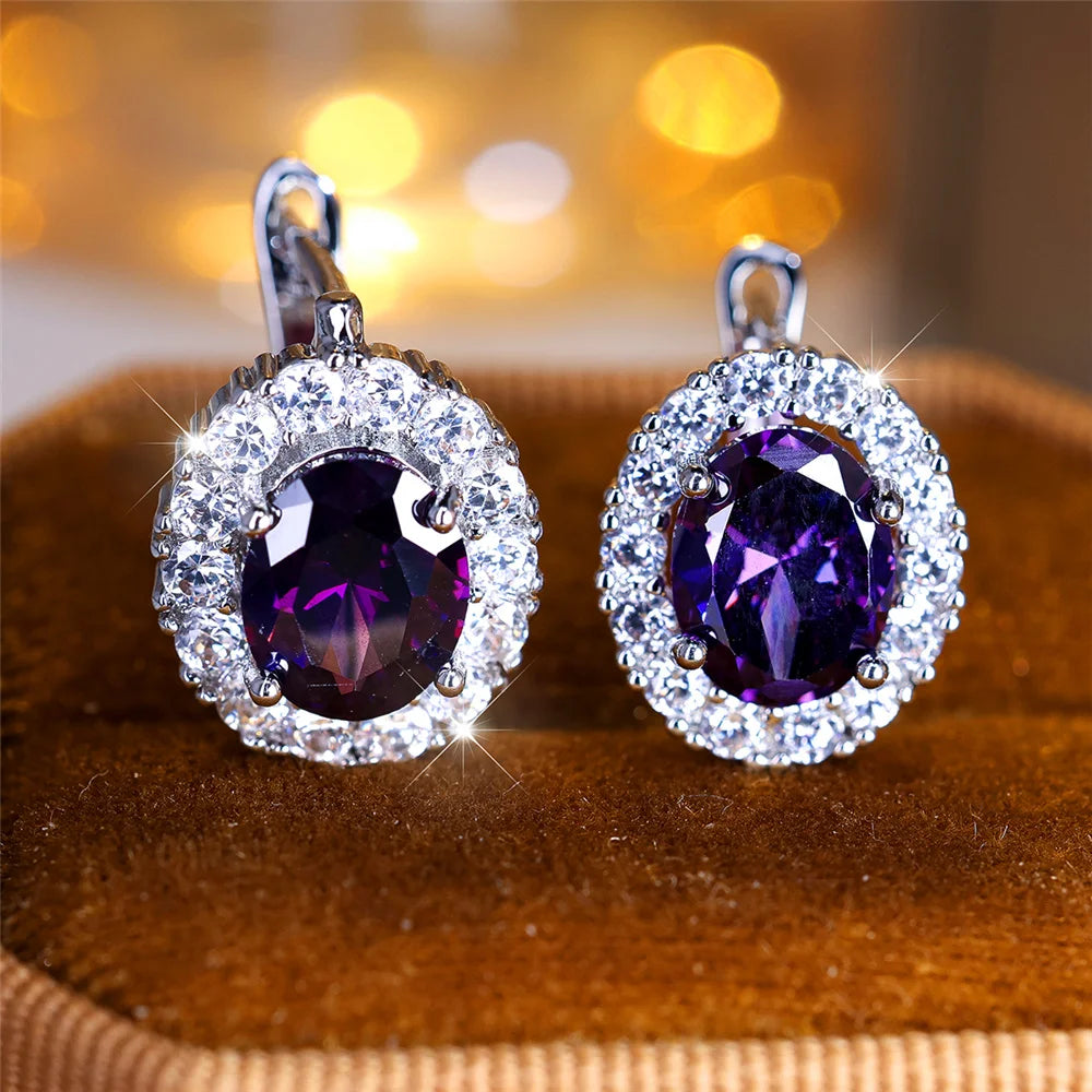Schattige Kleine Blauwe Groene Paarse Zirkoon Stenen Oorringen Voor Vrouwen Charme Vrouwelijke Zilveren Kleur Bruiloft Sieraden Cadeau