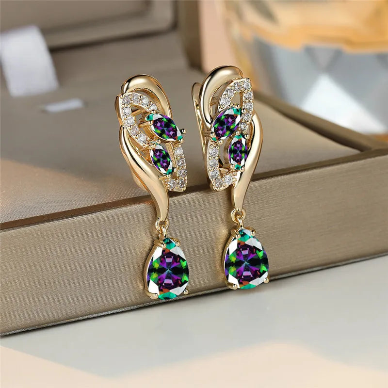 Leuke Vrouwelijke Groen Blauwe Zirkoon Steen Oorbellen Luxe Gouden Kleur Bruiloft Sieraden Voor Vrouwen