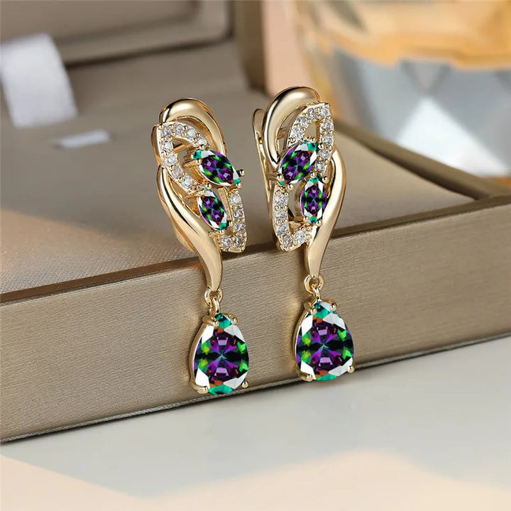 Leuke Vrouwelijke Groen Blauwe Zirkoon Steen Oorbellen Luxe Gouden Kleur Bruiloft Sieraden Voor Vrouwen