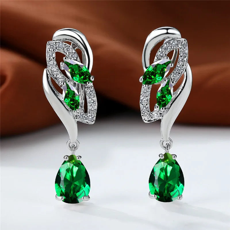 Luxe Vrouwelijke Groene Steen Zilver Kleur Clip Oorbellen Voor Vrouwen Charm Crystal Zirkoon Bruiloft Sieraden