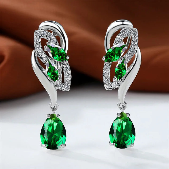 Luxe Vrouwelijke Groene Steen Zilver Kleur Clip Oorbellen Voor Vrouwen Charm Crystal Zirkoon Bruiloft Sieraden