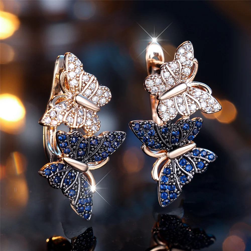Charme Vrouwelijke Wit Blauw Kristal Zirkoon Steen Vlinder Hoepel Oorbellen Goud Kleur Eenvoudige Bruiloft Sieraden Voor Vrouwen
