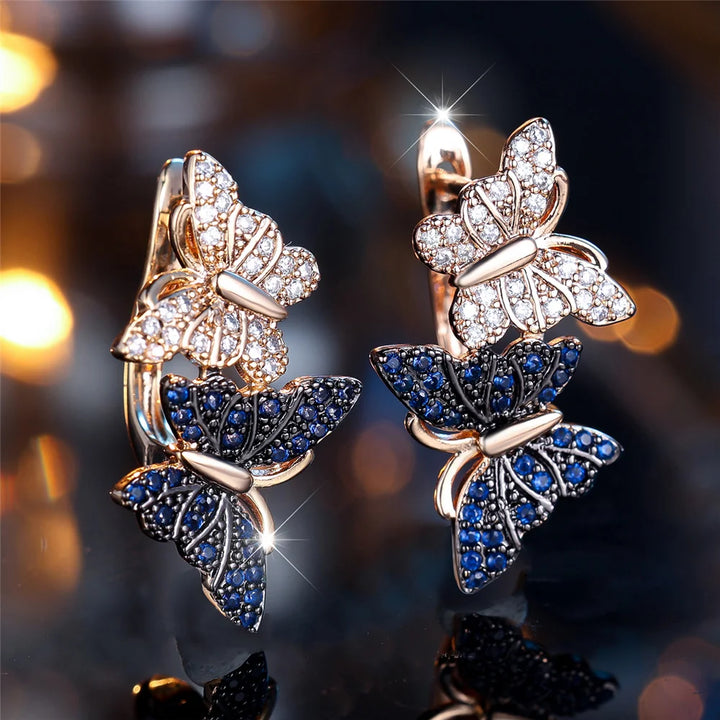 Charme Vrouwelijke Wit Blauw Kristal Zirkoon Steen Vlinder Hoepel Oorbellen Goud Kleur Eenvoudige Bruiloft Sieraden Voor Vrouwen