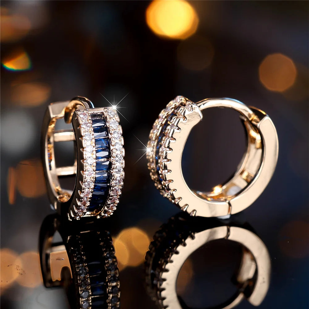 Schattige Vrouwelijke Witte Blauwe Zirkoon Steen Ronde Oorringen Mode Vrouwelijke Gouden Kleur Bruiloft Sieraden Voor Vrouwen