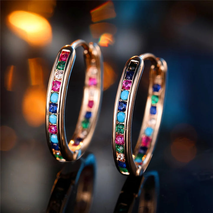 Schattige Vrouwelijke Regenboog Zirkoon Steen Ronde Oorringen Mode Zilveren Kleur Bruiloft Sieraden Voor Vrouwen