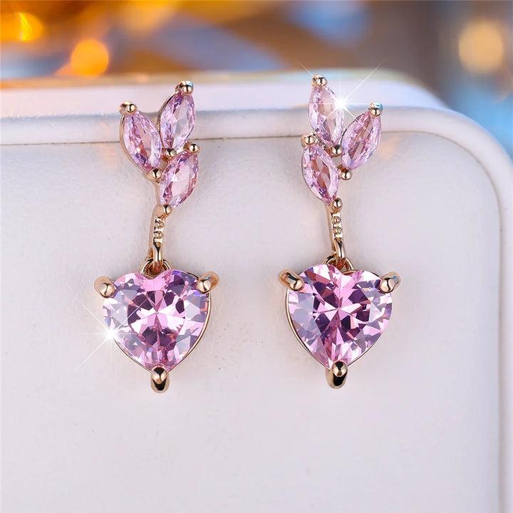 Bedel Vrouwelijke Roze Hart Boom Blad Zirkoon Steen Stud Oorbellen Goud Kleur Sierlijk Cadeau Bruiloft Sieraden Voor Vrouwen