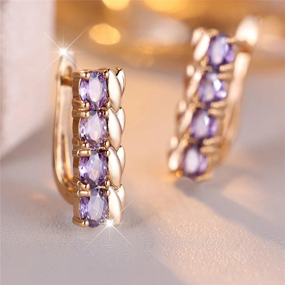 Charme Vrouwelijke Paarse Kristal Zirkoon Steen Tarwe Hoepel Oorbellen Goud Kleur Eenvoudige Bruiloft Sieraden Voor Vrouwen