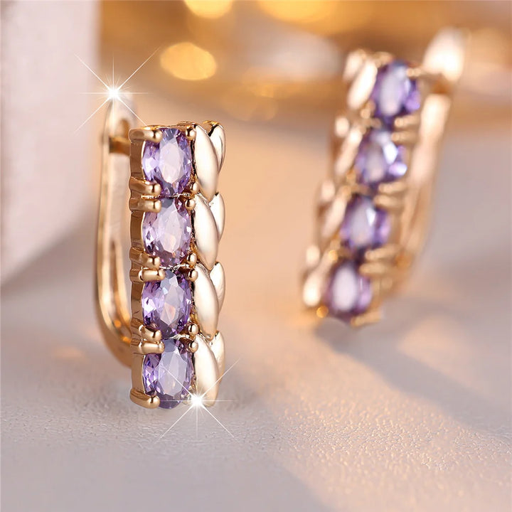 Charme Vrouwelijke Paarse Kristal Zirkoon Steen Tarwe Hoepel Oorbellen Goud Kleur Eenvoudige Bruiloft Sieraden Voor Vrouwen