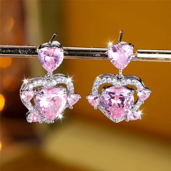 Leuke vrouwelijke steen wit roze zirkoon liefde hart Stud Oorbellen zilveren kleur bruiloft sieraden voor vrouwen
