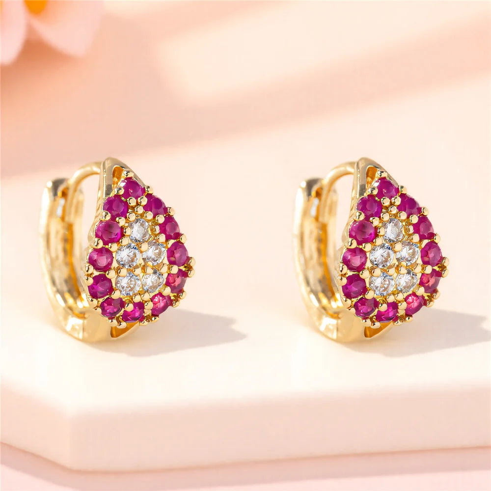Charme Vrouwelijke Rose Rode Zirkoon Steen Hoepel Oorbellen Luxe Gouden Kleur Bruiloft Sieraden Voor Vrouwen