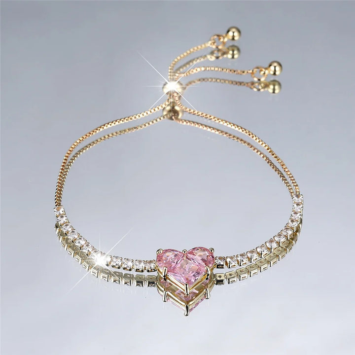 Charme Vrouwelijke Roze Witte Zirkoon Steen Liefde Hart Armband Leuke Zilver Goud Kleur Verstelbare Bruiloft Sieraden Voor Vrouwen