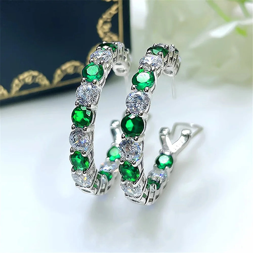 Schattige Vrouwelijke Witte Groene Blauwe Zirkoon Steen Ronde Clip Oorbellen Mode Zilveren Kleur Bruiloft Sieraden Voor Vrouwen