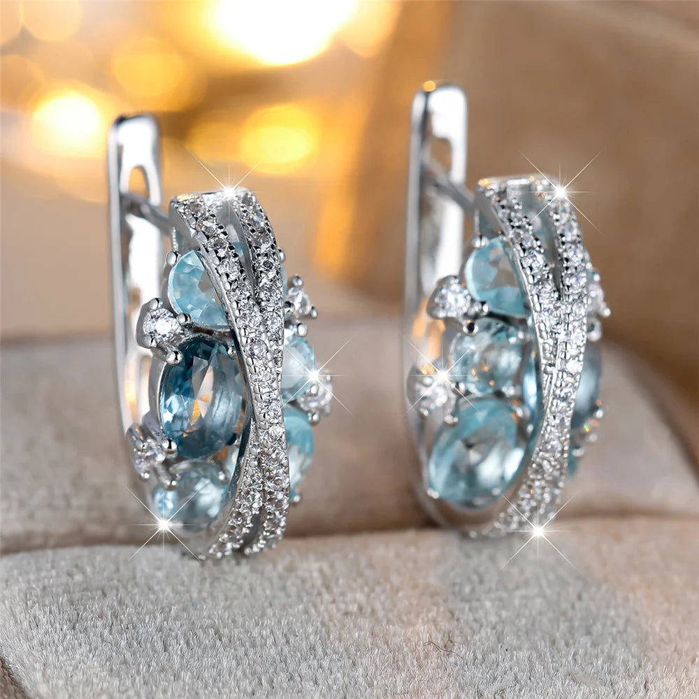 Charme Vrouwelijke Roze Blauw Kristal Zirkoon Steen Hoepel Oorbellen Zilver Kleur Eenvoudige Bruiloft Sieraden Voor Vrouwen