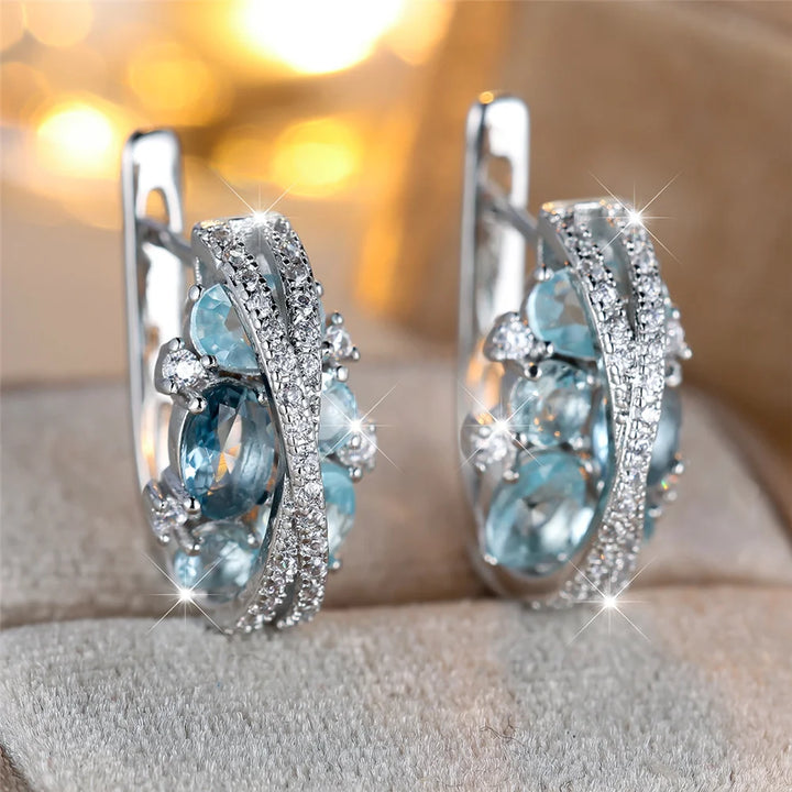 Charme Vrouwelijke Roze Blauw Kristal Zirkoon Steen Hoepel Oorbellen Zilver Kleur Eenvoudige Bruiloft Sieraden Voor Vrouwen