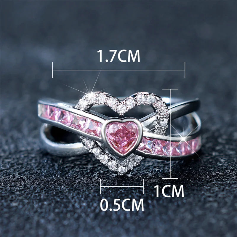 Schattige Vrouwelijke Roze Zirkoon Stenen Ring Trendy Zilveren Kleur Hart Verloving Bruiloft Sieraden Cadeau