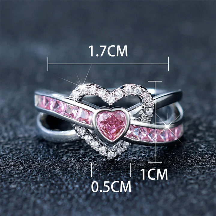 Schattige Vrouwelijke Roze Zirkoon Stenen Ring Trendy Zilveren Kleur Hart Verloving Bruiloft Sieraden Cadeau