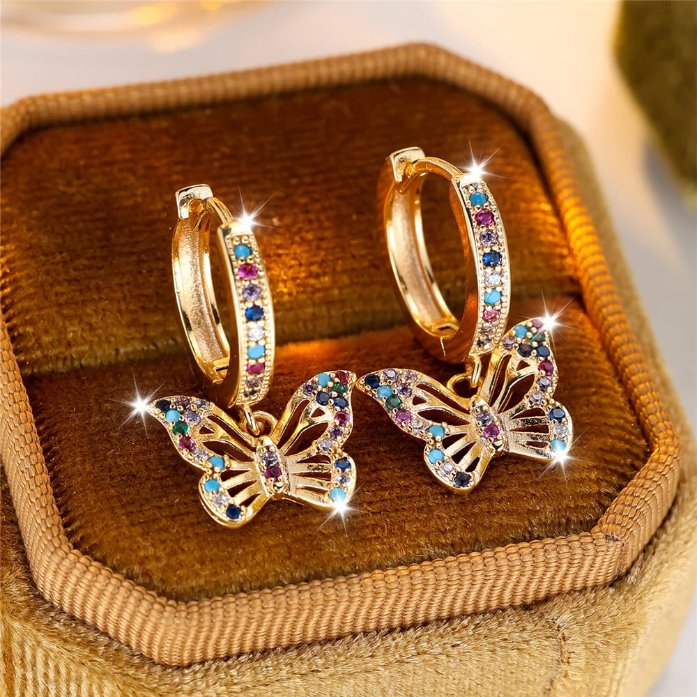 Leuke vrouwelijke kleurrijke vlinder ronde zirkoon steen hoepel oorbellen goud kleur unieke vriendin geschenken bruiloft sieraden voor vrouwen