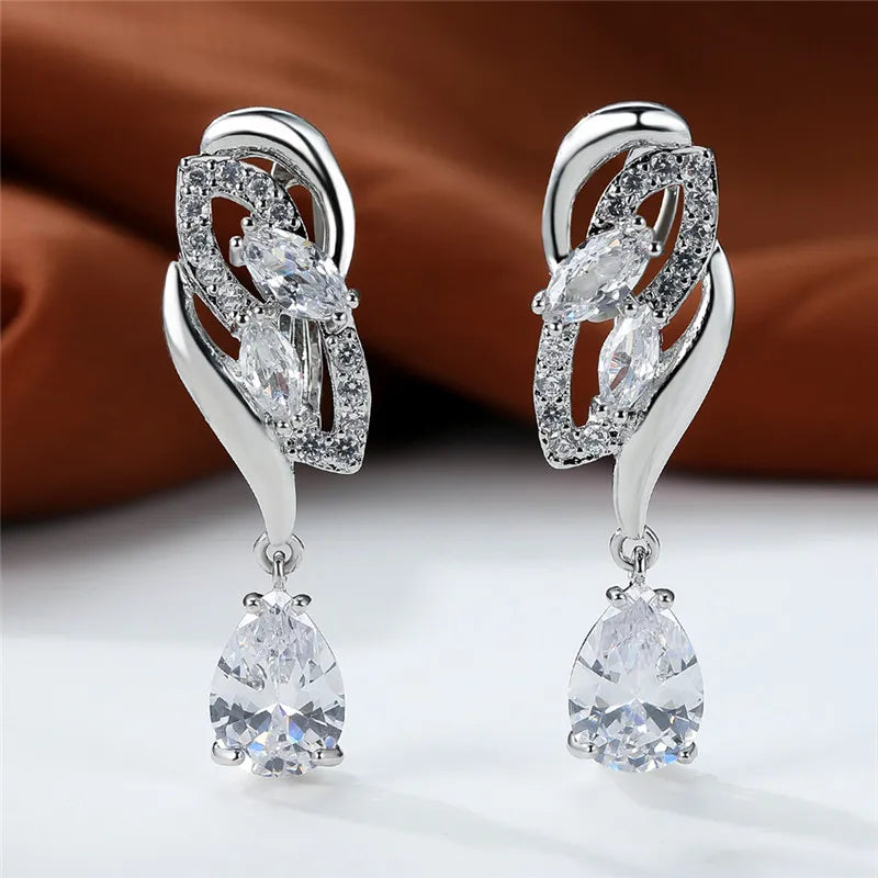Luxe Vrouwelijke Groene Steen Zilver Kleur Clip Oorbellen Voor Vrouwen Charm Crystal Zirkoon Bruiloft Sieraden