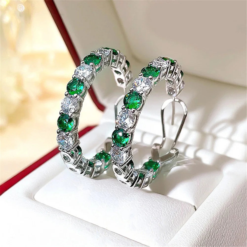 Schattige Vrouwelijke Witte Groene Blauwe Zirkoon Steen Ronde Clip Oorbellen Mode Zilveren Kleur Bruiloft Sieraden Voor Vrouwen