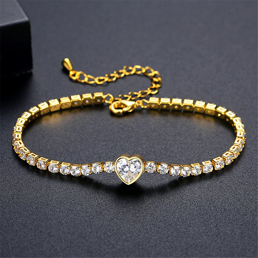 Charme Vrouwelijke Witte Zirkoon Steen Ronde Vierkante Hart Armband Schattige Gouden Kleur Verstelbare Bruiloft Sieraden Voor Vrouwen
