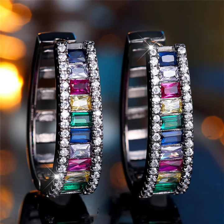 Charme Vrouwelijke Regenboog Zirkoon Steen Oorringen Mode Zilveren Kleur Bruiloft Sieraden Voor Vrouwen